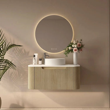 Rome Timeber Look Fluted Curved All Drawer Wall Hung Vanity 900mm Bur Oak - RJ Bathroom