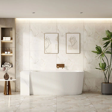 Rose 1700mm fluted V-groove left corner bath in matte white installed in a modern bathroom