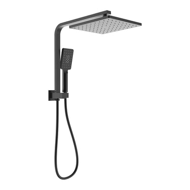 Sando Matte Black compact twin shower with 250mm square overhead on a half rail