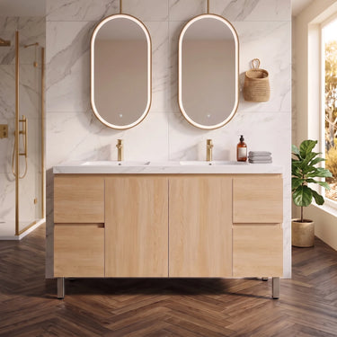 Scandinavia 1500mm Double Bowl Classic Oak Timber Freestanding Vanity with double white basin top and twin oval LED mirrors - RJ Bathroom