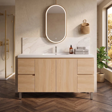 Scandinavia 1500mm Single Bowl Classic Oak Timber Freestanding Vanity with white ceramic basin top and oval LED mirror in a styled bathroom - RJ Bathroom