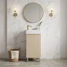 Scandinavia 440mm Classic Oak Timber Narrow Freestanding Vanity with poly marble basin top and round mirror in a marble powder room - RJ Bathroom