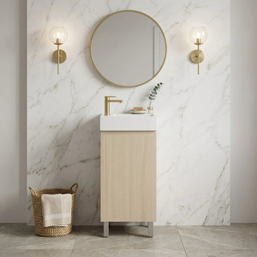 Scandinavia 440mm Classic Oak Timber Narrow Freestanding Vanity with poly marble basin top and round mirror in a marble powder room - RJ Bathroom