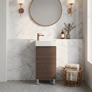 Scandinavia 440mm Walnut Timber Narrow Freestanding Vanity with poly marble basin top and round mirror in a marble powder room - RJ Bathroom