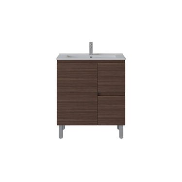 Scandinavia 750x360mm Walnut Timber Slimline Freestanding Vanity front view, drawers on the right - RJ Bathroom