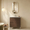 Scandinavia 900mm Walnut Timber Freestanding Vanity with drawers on the left, white basin top and oval mirror - RJ Bathroom