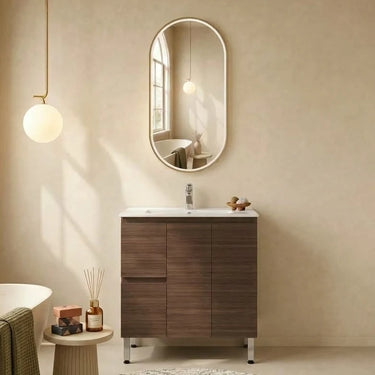 Scandinavia 900mm Walnut Timber Freestanding Vanity with drawers on the left, white basin top and oval mirror - RJ Bathroom