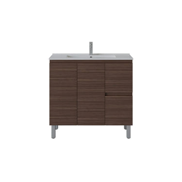 Scandinavia 900x360mm Walnut Timber Slimline Freestanding Vanity front view, drawers on the right - RJ Bathroom