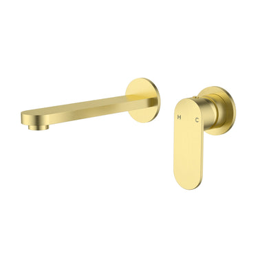 Sora SS Stainless Steel Wall Basin Mixer Set w 185mm Spout Brushed Gold – Separate Backplates - RJ Bathroom