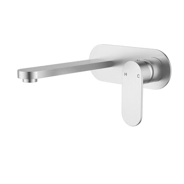 Sora SS Stainless Steel Wall Basin/Bath Mixer Set w 185mm Spout Brushed Nickel - Rounded Cover Plate - RJ Bathroom