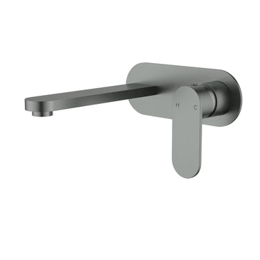 Sora SS Stainless Steel Wall Basin/Bath Mixer Set w 185mm Spout Gun Metal - Rounded Cover Plate - RJ Bathroom