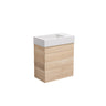 Natural oak timber-look 450mm slimline wall hung vanity with matte white solid surface top, angled view