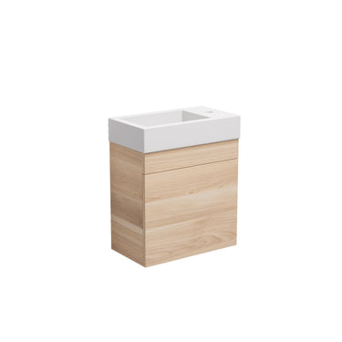 Natural oak timber-look 450mm slimline wall hung vanity with matte white solid surface top, angled view