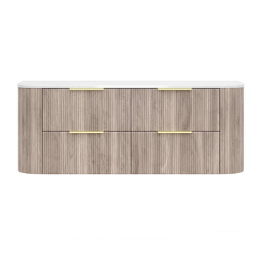 Timber Classic Oak Artis 1500mm Fluted Curved Waterproof Wall Hung Double Bowl Vanity Calacatta Stone top - RJ Bathroom