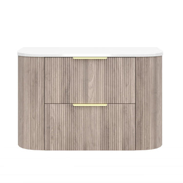 Timber Classic Oak Artis 900mm Fluted Curved Waterproof Wall Hung Vanity Calacatta Solid Surface Stone top - RJ Bathroom