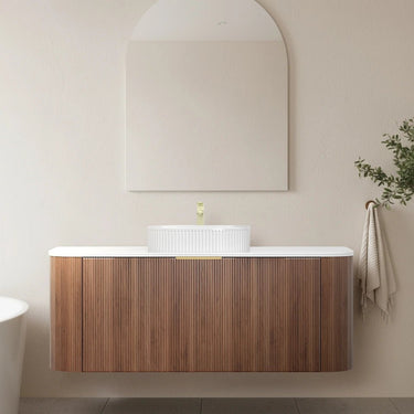 Timber Fluted Curved 1200mm Vanity Prime Oak Artis - S Single Bowl Waterproof Wall Hung Carrara Stone top - RJ Bathroom