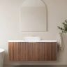 Timber Fluted Curved 1200mm Vanity Prime Oak Artis - S Single Bowl Waterproof Wall Hung Carrara Stone top - RJ Bathroom