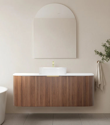 Timber Fluted Curved 1200mm Vanity Prime Oak Artis - S Single Bowl Waterproof Wall Hung Carrara Stone top - RJ Bathroom