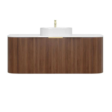 Timber Fluted Curved 1200mm Vanity Walnut Artis - S Single Bowl Waterproof Wall Hung Stone top - RJ Bathroom