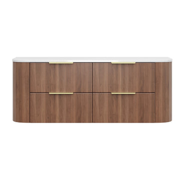 Timber Fluted Curved Artis 1500mm Single Bowl Wall Hung Vanity - Prime Oak with Carrara Stone Top - RJ Bathroom