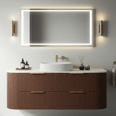 Timber Fluted Curved Artis 1500mm Single Bowl Wall Hung Vanity - Walnut with Solid Surface Stone Top - RJ Bathroom