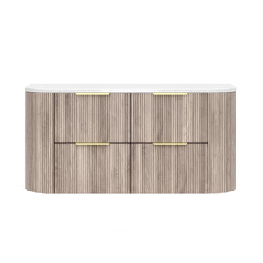 Timber Fluted Curved Classic Oak Artis 1200mm Waterproof Double Bowl Wall Hung Vanity Solid Surface Stone top - RJ Bathroom