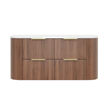 Timber Fluted Curved Prime Oak Artis 1200mm Single Bowl Waterproof Wall Hung Vanity Solid Surface Stone top - RJ Bathroom