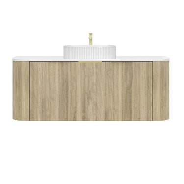 Timber Fluted Curved Vanity Classic Oak Artis - S 1200mm Single Bowl Waterproof Wall Hung Carrara Stone top - RJ Bathroom