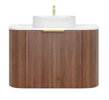 Timber Fluted Curved Vanity Prime Oak Artis - S 600mm Waterproof Wall Hung Calacatta Solid Surface Stone Top - RJ Bathroom