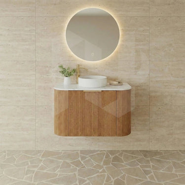 Timber Fluted Curved Vanity Prime Oak Artis - S 750mm Waterproof Wall Hung Carrara Stone Top - RJ Bathroom
