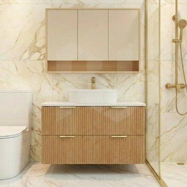 Timber Fluted Eden 1200mm Single Vanity Prime Oak Wall Hung Calacatta Solid Surface Stone - RJ Bathroom