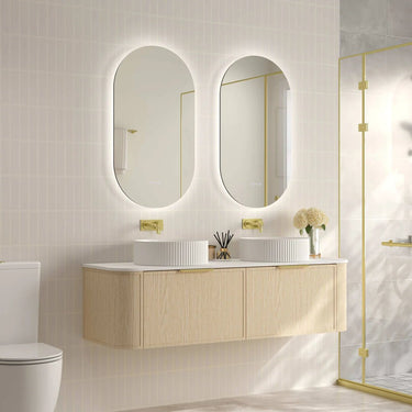 Timber Hampton Curved Natural Oak Elva Wall Hung Vanity 1500mm Double Bowl - RJ Bathroom