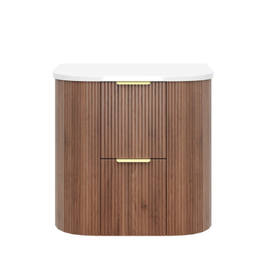 Timber Prime Oak Artis 600mm Fluted Curved Waterproof Wall Hung Vanity Carrara Gold Stone top - RJ Bathroom