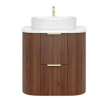 Timber Walnut Artis 600mm Fluted Curved Waterproof Wall Hung Vanity Carrara Gold Stone top - RJ Bathroom