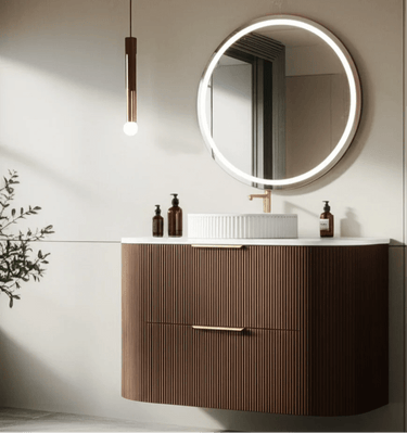 Timber Walnut Artis 750mm Fluted Curved Waterproof Wall Hung Vanity Carrara Stone top - RJ Bathroom