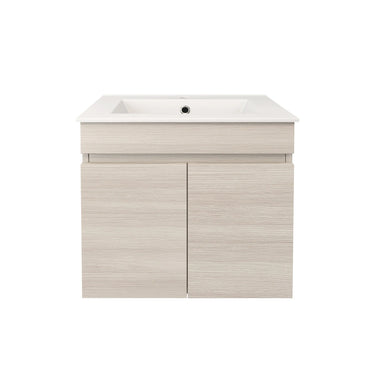 Camden 600mm wall hung slimline vanity in Coastal Oak with ceramic top - RJ Bathroom