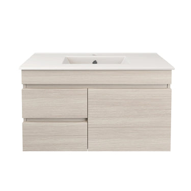 Camden 900mm wall hung slimline vanity in Coastal Oak with ceramic top - RJ Bathroom
