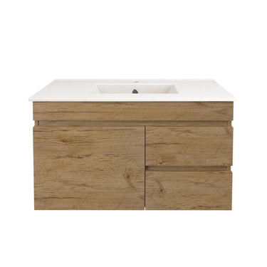 Camden 900mm wall hung slimline vanity in Prime Oak with ceramic top - RJ Bathroom