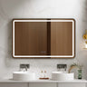 Venus 1200x750mm rectangular front-lit motion sensor LED mirror with gun metal frame in a bathroom above a round basin