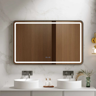 Venus 1200x750mm rectangular front-lit motion sensor LED mirror with gun metal frame in a bathroom above a round basin