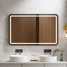 Venus 1200x750mm rectangular front-lit motion sensor LED mirror with matte black frame in a bathroom above a round basin