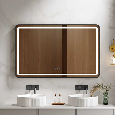 Venus 1200x750mm rectangular front-lit motion sensor LED mirror with matte black frame in a bathroom above a round basin