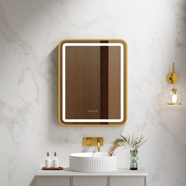 Venus 750x900mm rectangular front-lit motion sensor LED mirror with brushed gold frame in a bathroom above a round basin