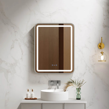 Venus 750x900mm rectangular front-lit motion sensor LED mirror with brushed nickel frame in a bathroom above a round basin