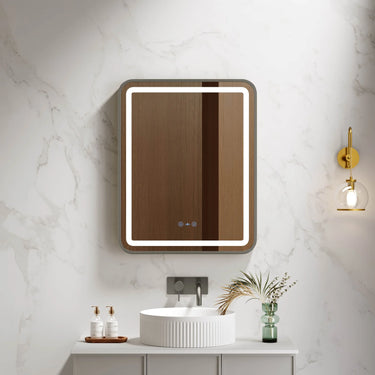 Venus 750x900mm rectangular front-lit motion sensor LED mirror with gun metal frame in a bathroom above a round basin