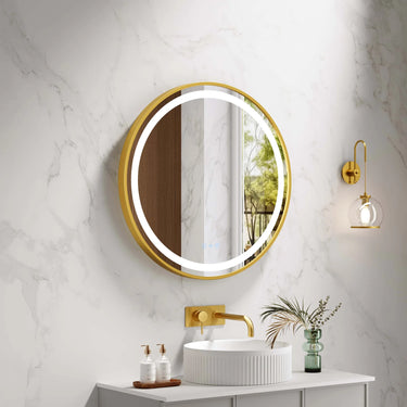 Venus 900mm round front-lit motion sensor LED mirror with brushed gold frame in a bathroom above a round basin