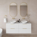 Rome Fluted Curved 1200mm Double Bowl Waterproof Wall Hung Vanity Carrara Stone top Matte White Handles