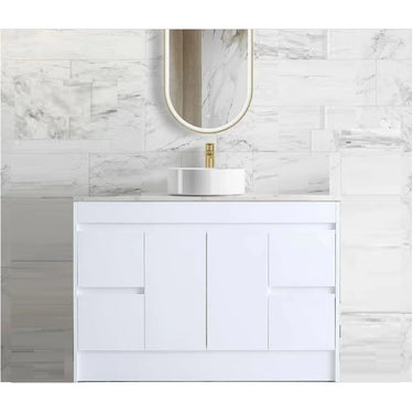 Polar PVC Waterproof 1200mm Gloss White Freestanding Vanity Carrara Stone Top