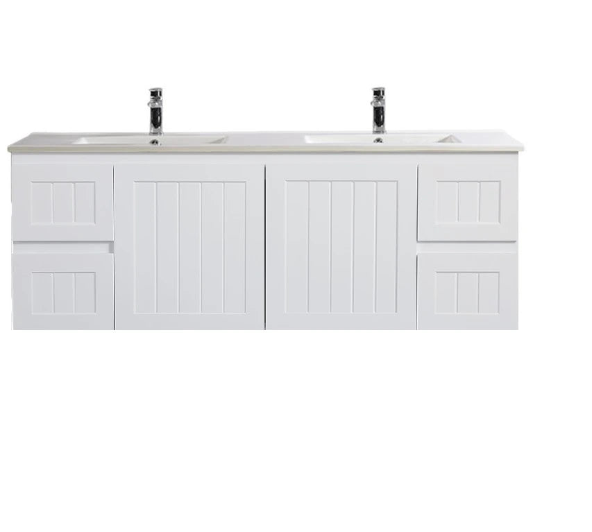 Acacia Hampton Shaker 1500mm Double Bowl Matte White PVC Waterproof Wall Hung Vanity