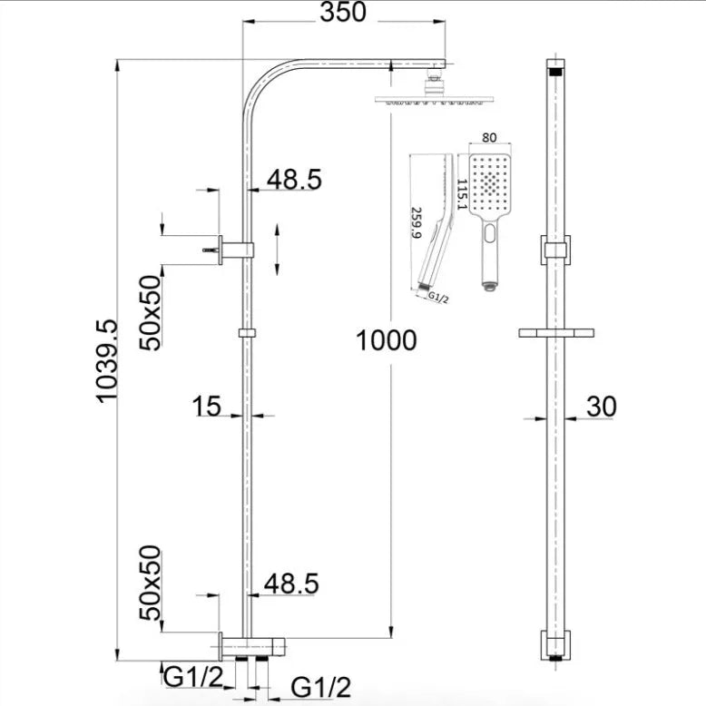 Eden Square Chrome/Black Square Multifuction Shower Set